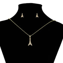 Cargar imagen en el visor de la galería, 14 K Gold Plated Eiffel Tower pendant and earrings set with white zirconia
