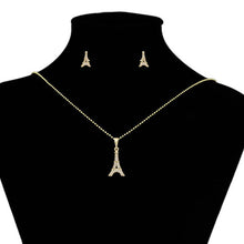 Load image into Gallery viewer, 14 K Gold Plated Eiffel Tower pendant and earrings set with white zirconia
