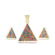 Load image into Gallery viewer, 14 K Gold Plated pyramid pendant and earrings set with multicoloured zirconia
