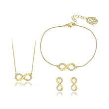 Charger l&#39;image dans la galerie, 14 K Gold Plated infinity necklace, bracelet and earrings set with white zirconium
