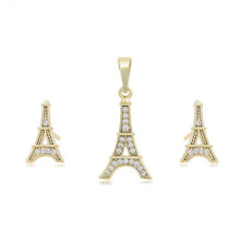Charger l&#39;image dans la galerie, 14 K Gold Plated Eiffel Tower pendant and earrings set with white zirconia
