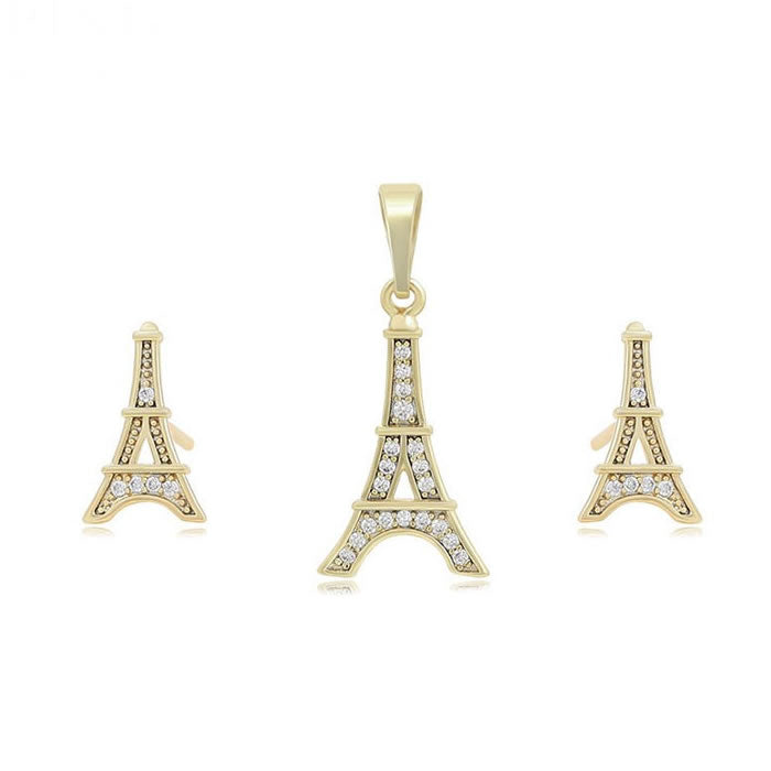 14 K Gold Plated Eiffel Tower pendant and earrings set with white zirconia