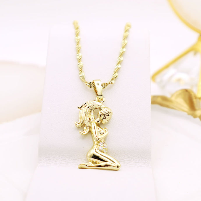 14 K Gold Plated Pregnant Woman pendant with white zirconia