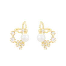 Load image into Gallery viewer, 14 K Gold Plated butterfly flower earrings with white zirconia
