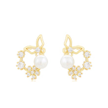 Charger l&#39;image dans la galerie, 14 K Gold Plated butterfly flower earrings with white zirconia
